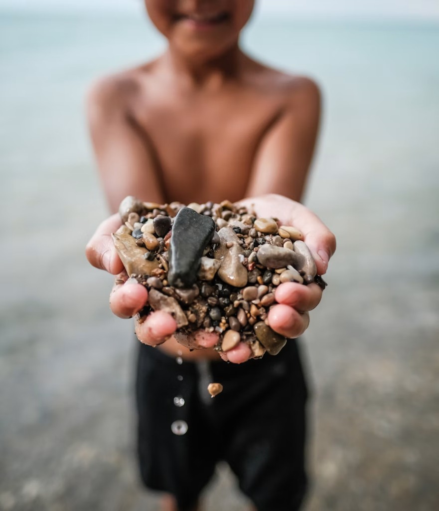 Hands holding wet shoreline stones